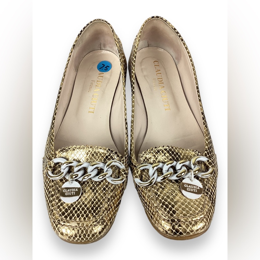 Claudia Ciuti Gold Snake Print Leather Loafers Preppy Metallic